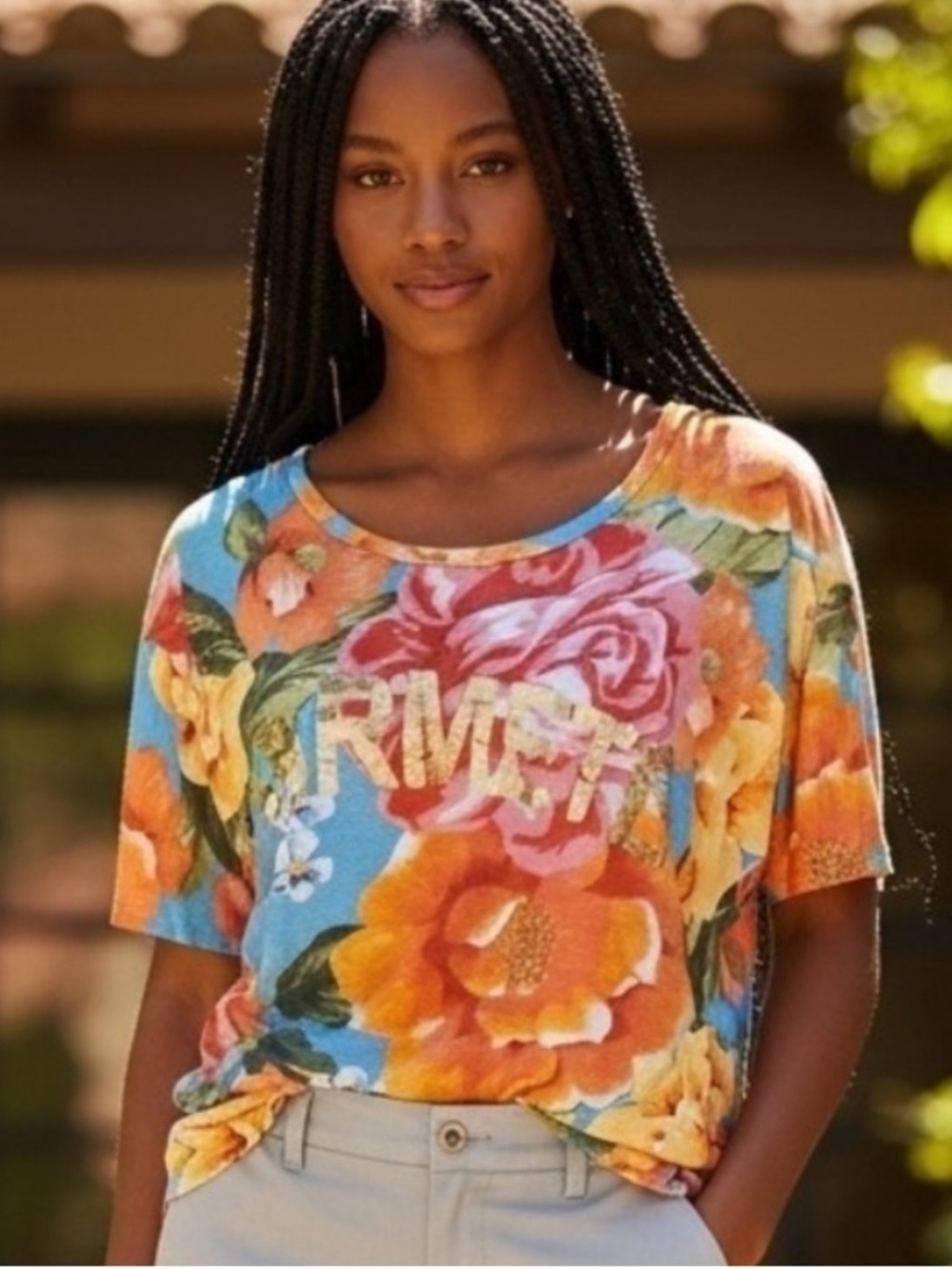 FARM Rio FARMETE Special Edition Scoop Neck Tee in Blue, Orange & Pink EUC